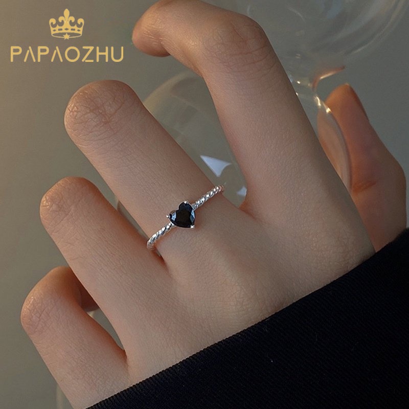 Papaozhu Chic Bersinar Zirkon Hitam Jantung Pesona Perak Memutar Cincin Untuk Wanita Perempuan Trendi Terbuka Cincin Adjustable Manset Jari Perhiasan