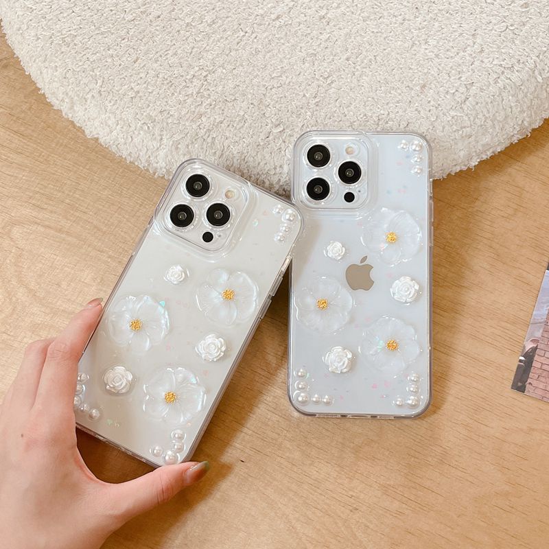 Camellia Flower Pearl Soft TPU Case HP iP iPhone 14 13 12 11 Pro X XS XR Max 7 8 + Plus SE 2020 2022 Drop Glue FTD Casing Apple