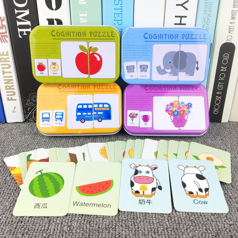 Fruit Animal Life Vehicl Set Sepasang Kartu Anak/Puzzle Edukasi Dini Bayi Montessori/Mainan Puzzle Kognitif Anak/Permainan Meja Kata Inggris Buku Belajar Puzzle