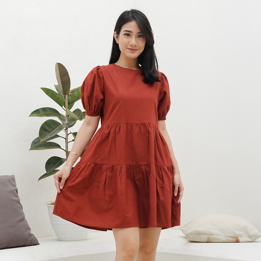 Ms Daisy Eloise Linen Puff-Sleeve Dress Wanita Kasual