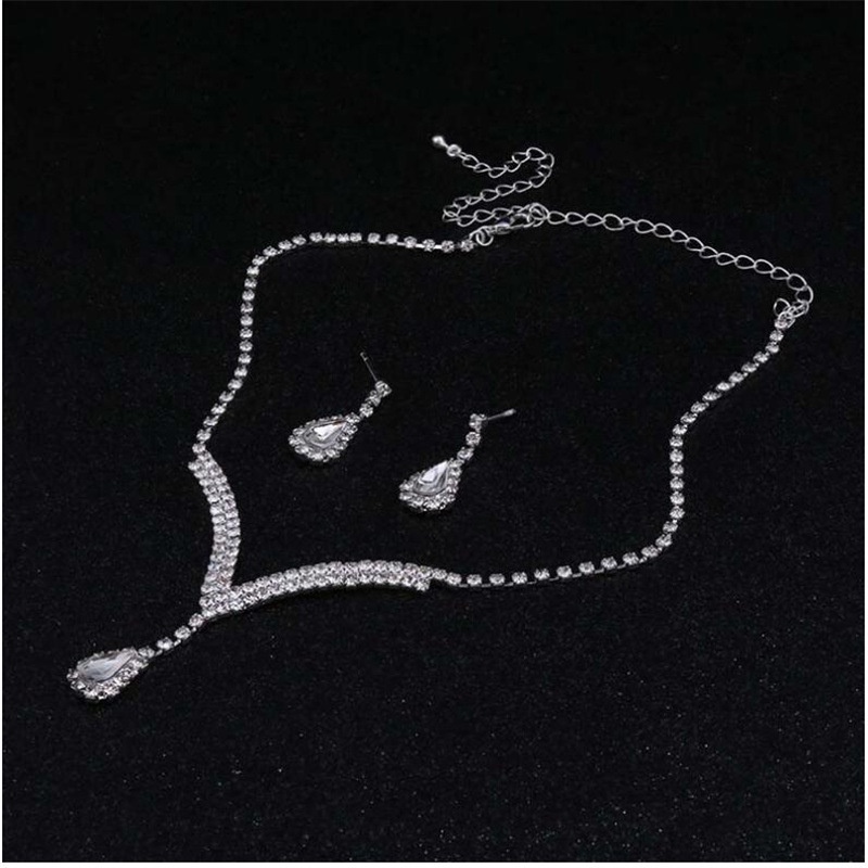 [FRA] Aksesoris Pernikahan Perak Berlian Cakar Rantai Kalung Anting Set Rantai Dua Potong Set Berlian Imitasi Aksesoris Gaun Pengantin