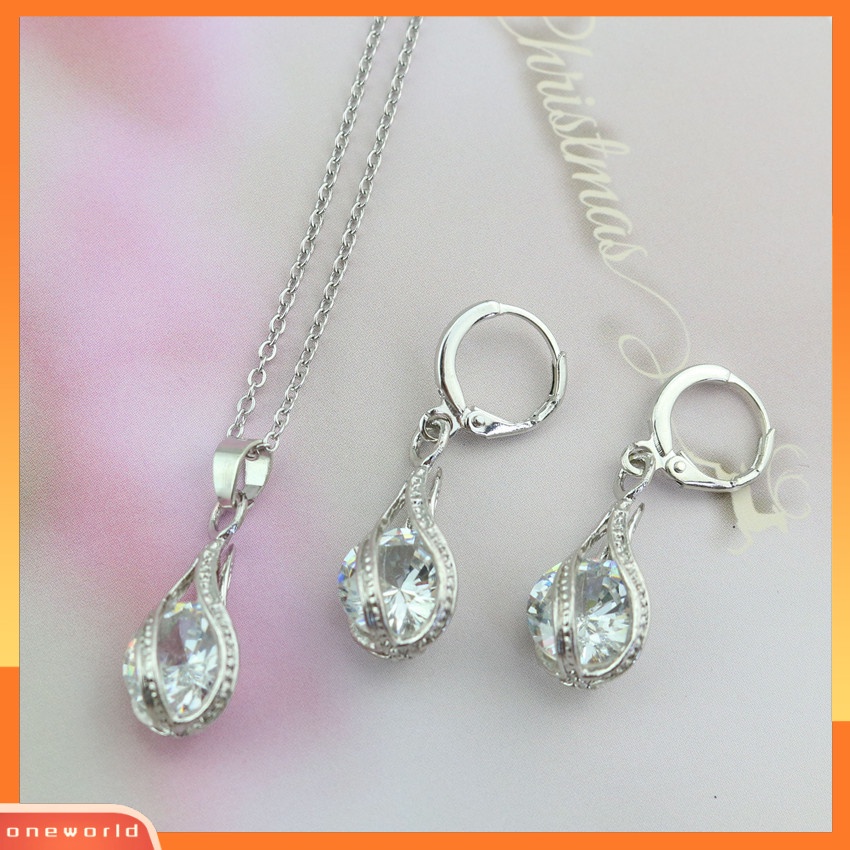 [ONR] Tergabung Zirkon Berbentuk drop spiral Berongga Kalung Anting set Aksesoris Dua Potong set