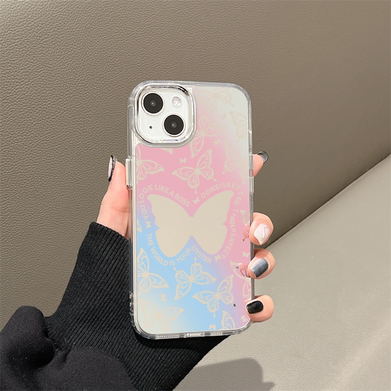 IPHONE Biru Pink Smudged Butterfly Mirror Phone Case Kompatibel Untuk Iphone11 12 13 14 12Pro 13Pro 14Pro Pro Max XR X XS Max Electroplating Tombol Perlindungan Mirror Cover