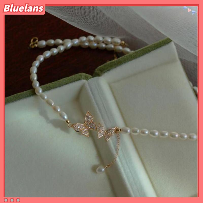 [BLS] Fashion Mutiara Kalung Cahaya Mewah Berlian Minor Kupu-Kupu Pendek Choker Klavikula Rantai