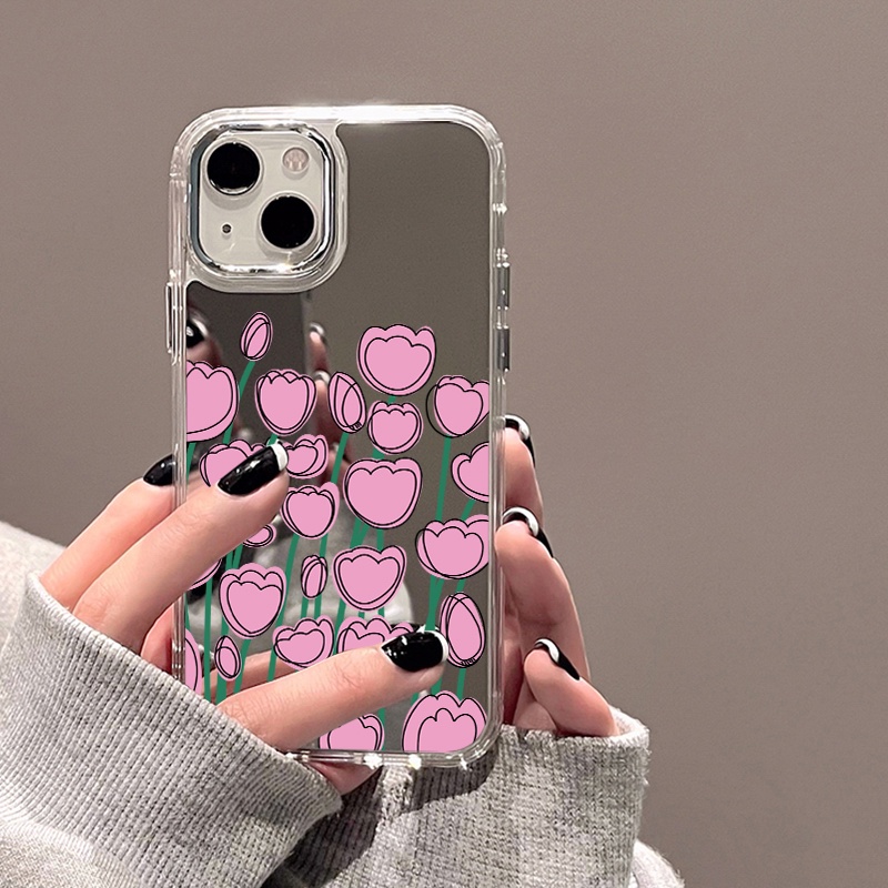 IPHONE Casing Ponsel Cermin Tulip Kartun Pink Kompatibel Untuk Iphone11 12 13 14 12Pro 13Pro 14Pro Pro Max XR X XS Max Electroplating Tombol Perlindungan Mirror Cover