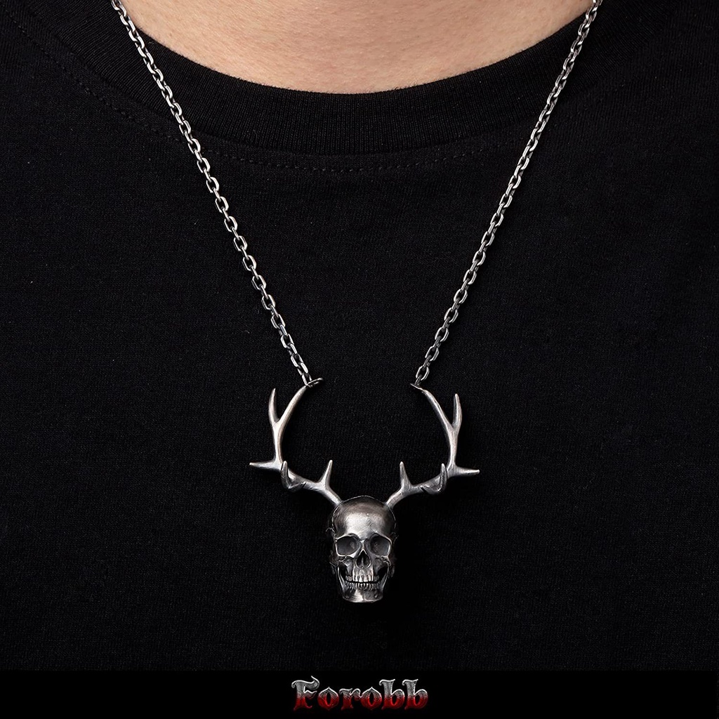 Kepribadian Punk Rock Fashion Tanduk Tengkorak Liontin Pria Gothic Skeleton Kalung Mens Perhiasan Aksesoris Halloween