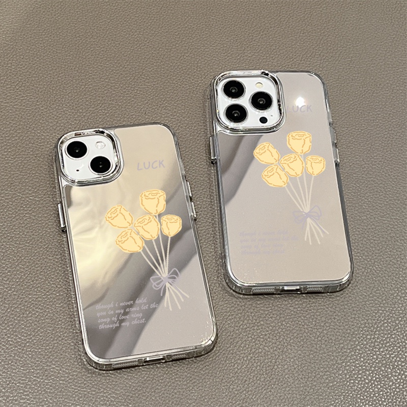 IPHONE Lucky Yellow Rose Mirror Phone Case Kompatibel Untuk Iphone11 12 13 14 12Pro 13Pro 14Pro Pro Max XR X XS Max Electroplating Tombol Perlindungan Mirror Cover