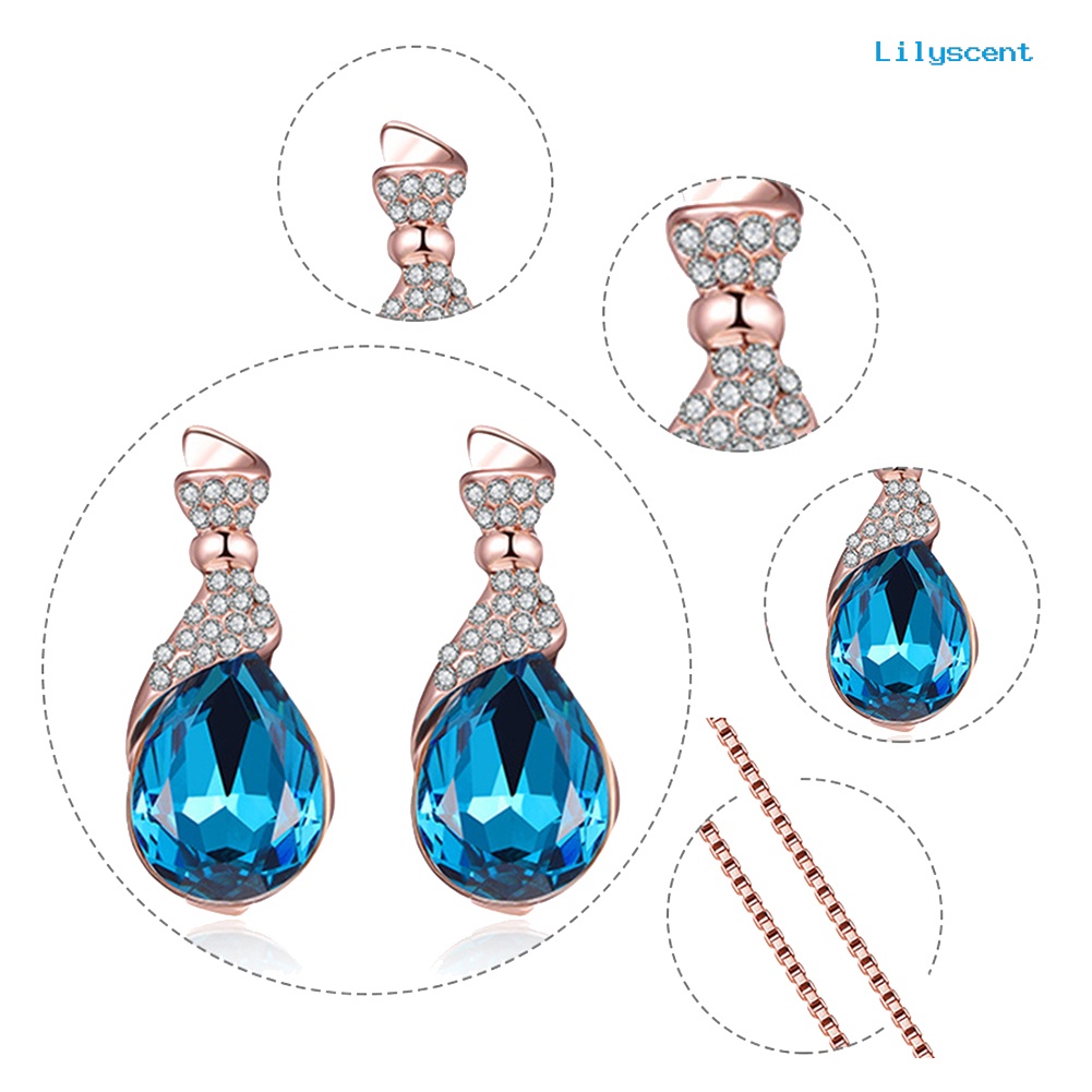 [LS]Wanita Bentuk Tetesan Air Berlian Imitasi Liontin Telinga Stud Anting Kalung Perhiasan Set