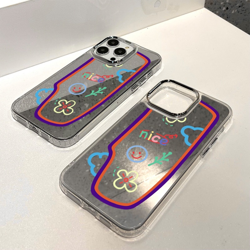 IPHONE Casing Ponsel Cermin Graffiti Kompatibel Untuk Iphone11 12 13 14 12Pro 13Pro 14Pro Pro Max XR X XS Max Electroplating Tombol Perlindungan Mirror Cover