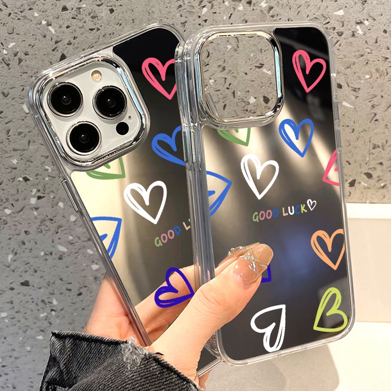 IPHONE Casing Ponsel Cermin Hati Warna-Warni Kompatibel Untuk Iphone11 12 13 14 12Pro 13Pro 14Pro Pro Max XR X XS Max Electroplating Tombol Perlindungan Mirror Cover