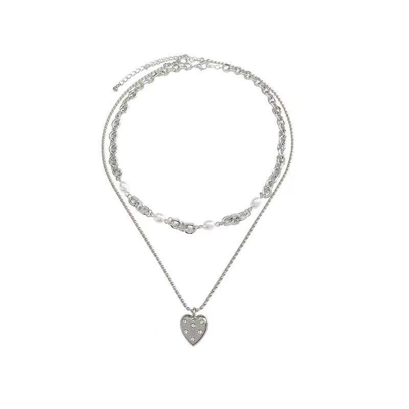 Trendy ins~Double Layered French Shaped Pearl Necklace Female Cahaya Mewah Niche Cinta Hati Liontin All-Match