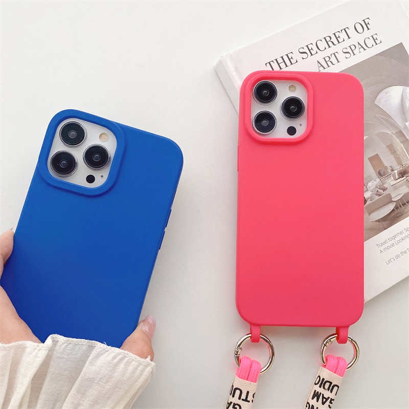 IPHONE Menebal Silikon Anti Rontok Lanyard Cover Cocok Untuk Iphone14 13 12 11 Pro X XS Max XR 78 14 Plus Matte Casing Pelindung Tali Diagonal Soft Case