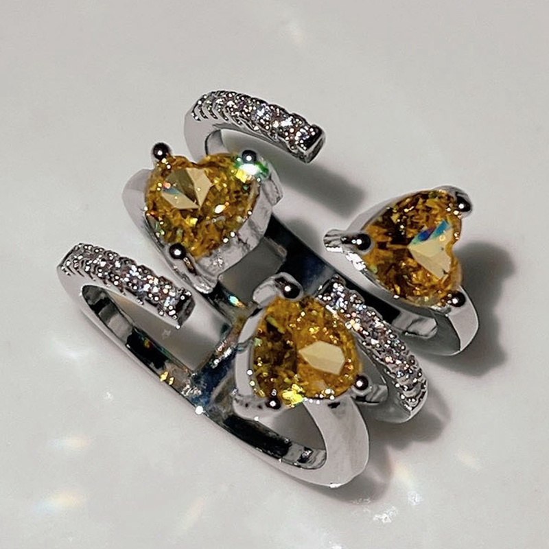 Cincin Mewah Berbentuk Hati Untuk Gadis Lucu Cinta Tiga Berlian Kuning Ungu Tiga Cinta Hati Terbuka Adjustable Ring