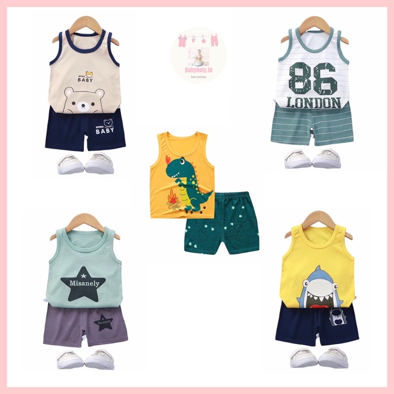 Setelan Baju Bayi Oblong Import/Baju Bayi Singlet Motif Karakter/ Setelan Singlet Anak