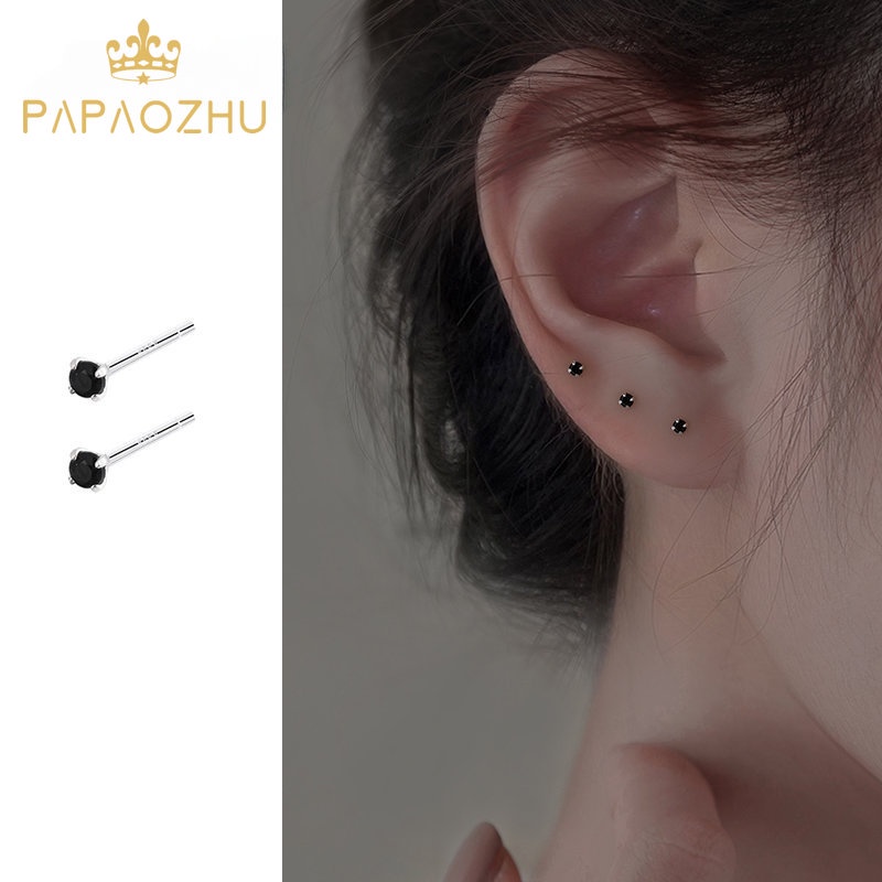 Papaozhu Halus s925 Perak Bersinar Hitam Zirkon Stud Anting-Anting Untuk Wanita Pria Chic Tindik Kecil Berlian Imitasi Tulang Rawan Anting-Anting Fashion Telinga Perhiasan Hadiah