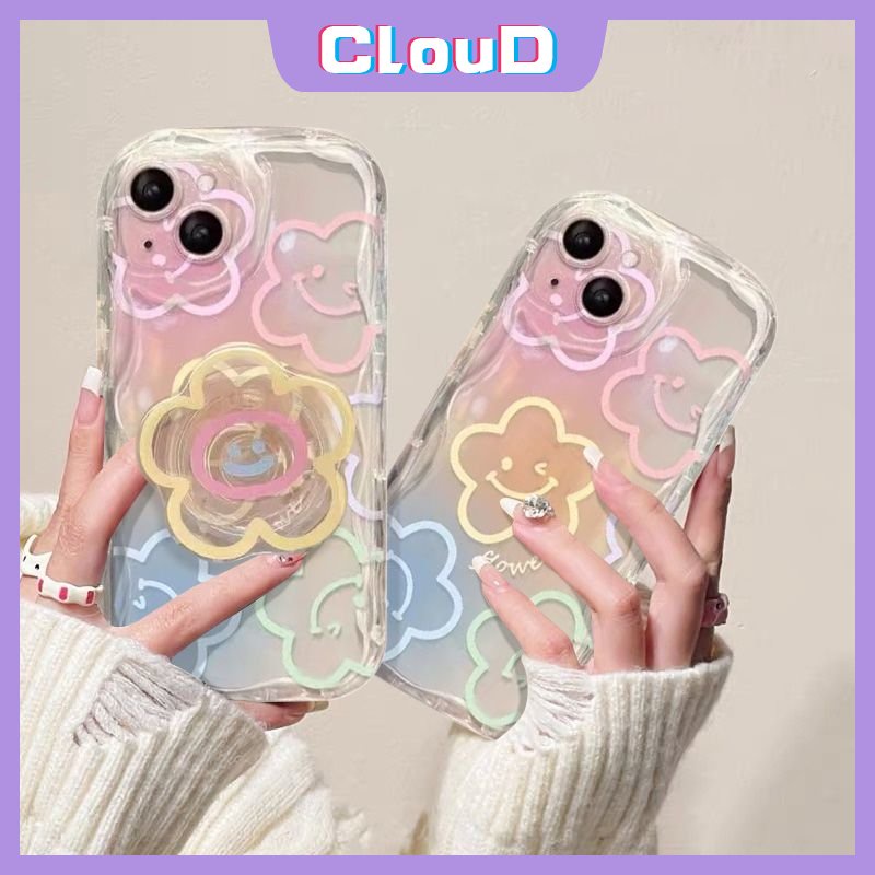 IPHONE Case Tepi Melengkung Bergelombang 3D Kompatibel Untuk Iphone11 13 12 14 Pro Max7 8 6 6s Plus XR X XS Max SE 2020 INS Korea Warna-Warni Graffiti Kartun Smiley Fresh Flowers Holder Bracket Case