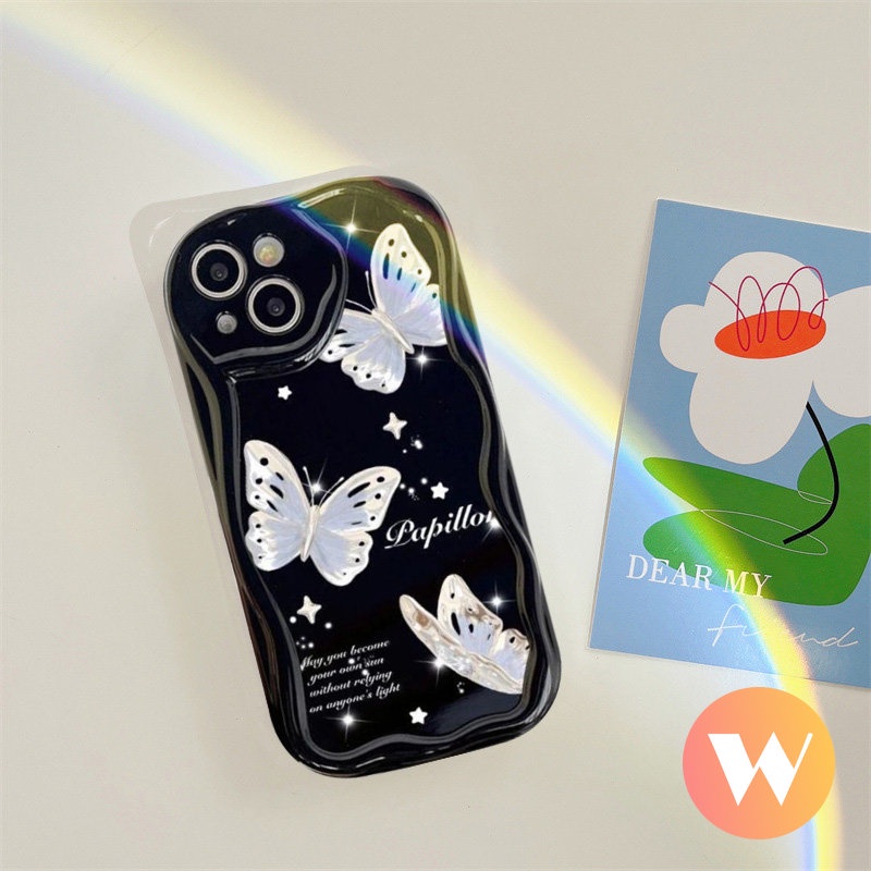 Casing Ponsel 3D Wavy Curved Edge Kompatibel Untuk IPhone 13 12 14 11 Pro MAX 6S 7 6 8 Plus Se2020 7Plus XR XS X MAX INS Korea Glitter Fantasy Retro Lucu Indah Butterfly Case