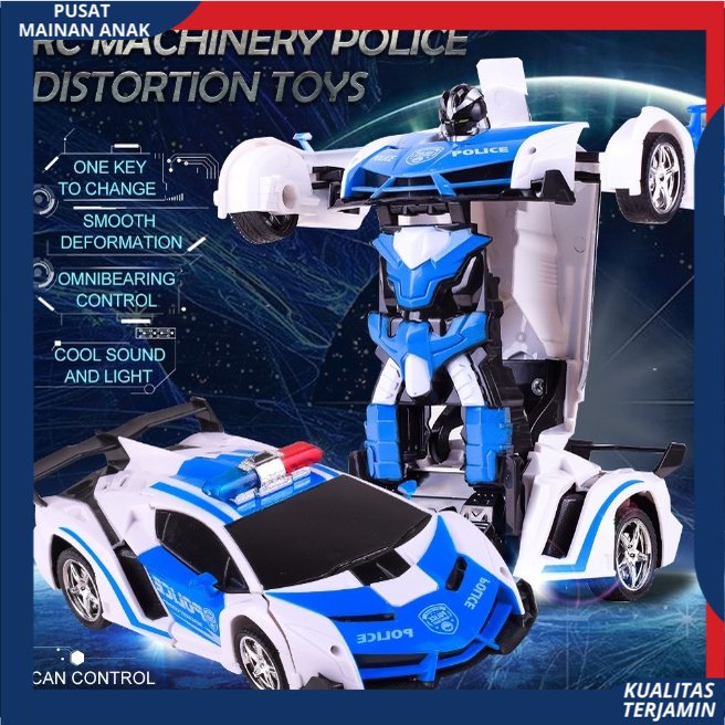 Rc Car Mainan Anak Mobil Polisi Autobot Remote Control Deformation Berubah Robot 2 in 1 Baterai Cas