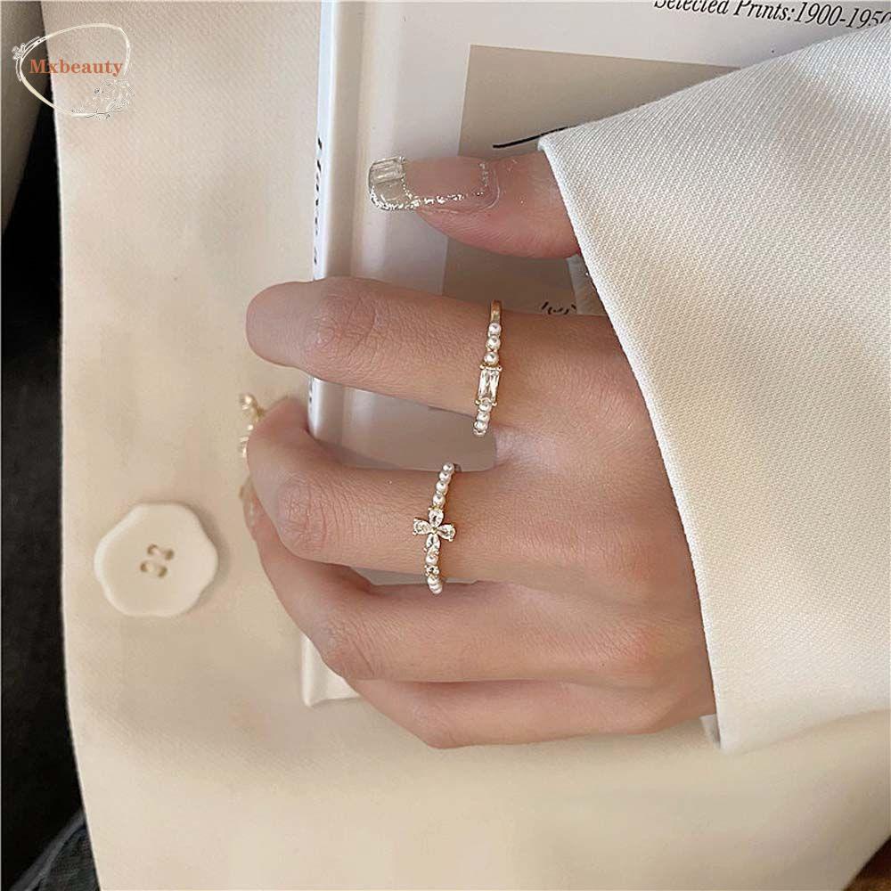 MXBEAUTY Cincin Mutiara Hadiah Gadis Minimalis Elegan Dengan Zirkon Lady Perhiasan Pesta Pernikahan Geometris Rings