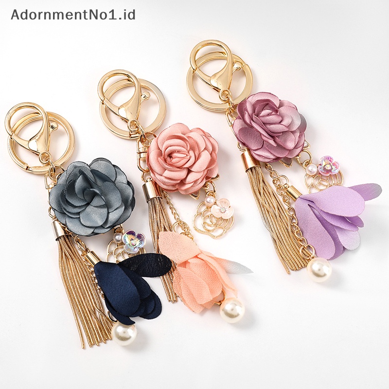[AdornmentNo1] Bunga kain segar gantungan kunci rumbai gantungan kunci mobil Lady Couple tas Fashion pesona aksesoris bunga Pink gantungan kunci pesta hadiah