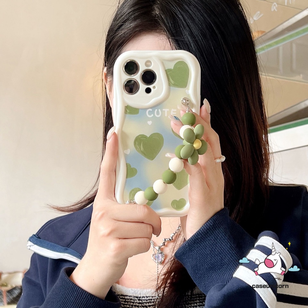 Untuk Realme C11 C35 C53 C55 C33 C30 C25 9i 5i 7i 6i 5s C20 C25s C25Y C21Y C12 C17 C31 C20A C15 C3 C1 C21 Art Cat Minyak Hijau Cinta Hati Lembut 3D Bergelombang Lengkung Penutup Tepi Dengan Gelang