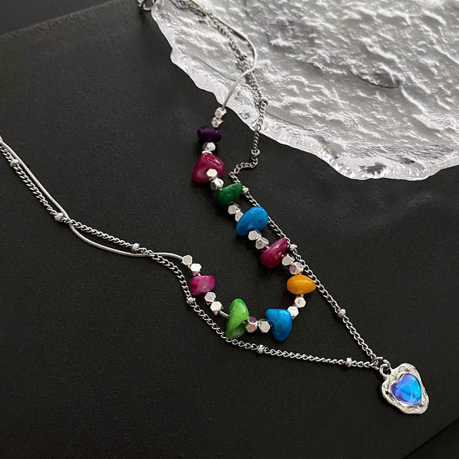 Seven Colored Stone Love Pendant Double Necklace Aksesoris Cahaya Mewah Fashion Temperamen Rantai Klavikula