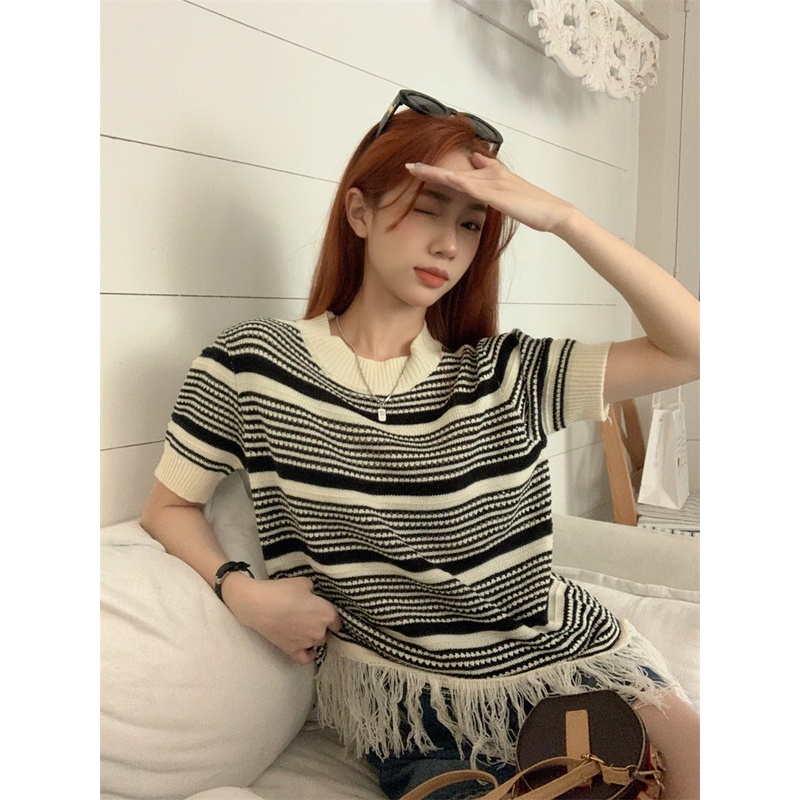 Sweater Oversize Wanita Lengan Pendek Stripe Rajut Premium Atasan