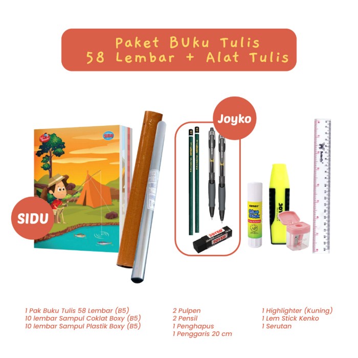 

Paket Lengkap Buku Tulis 58 Lembar Alat Tulis Kantor Sampul Plstk Cklt - 58 LBR SIDU+FBR