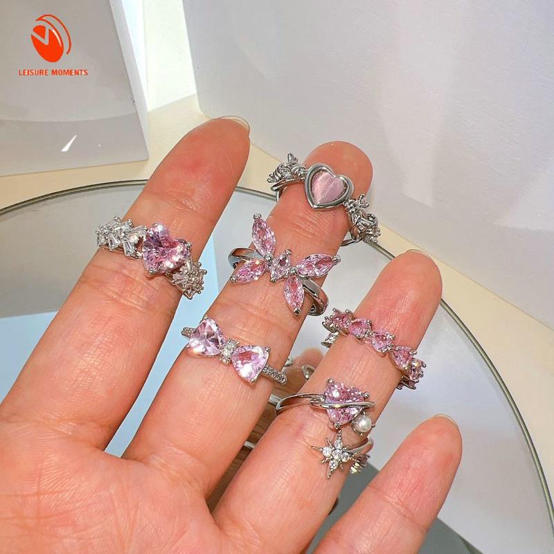 Pink Kristal Hati Ikatan Simpul Cincin Untuk Wanita Perempuan Y2k Kpop Manis Keren Terbuka Jari Cincin Pesta Fashion Perhiasan Hadiah2023Baru Ringan Mewah Serbaguna