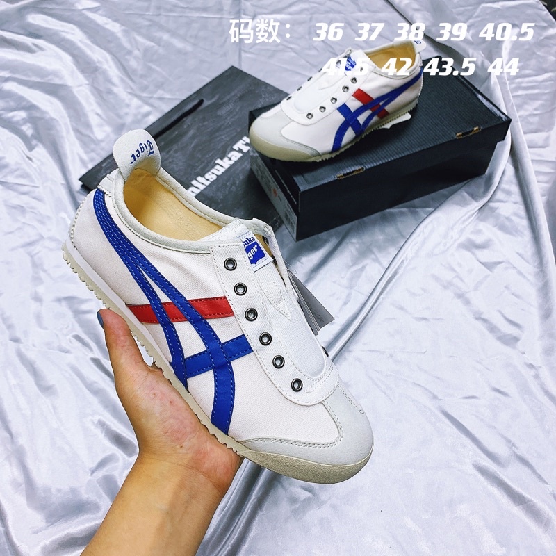 Promo Sepatu 0nitsuka Tiger Slip On White Blue Red