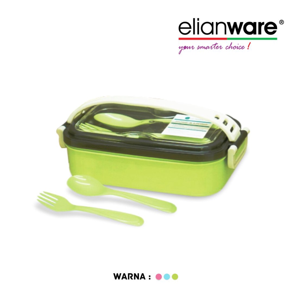 Elianware 2 Compartment Stainless Steel Handle Lunch Box Bento Microwaveable with Fork & Spoon E-2005