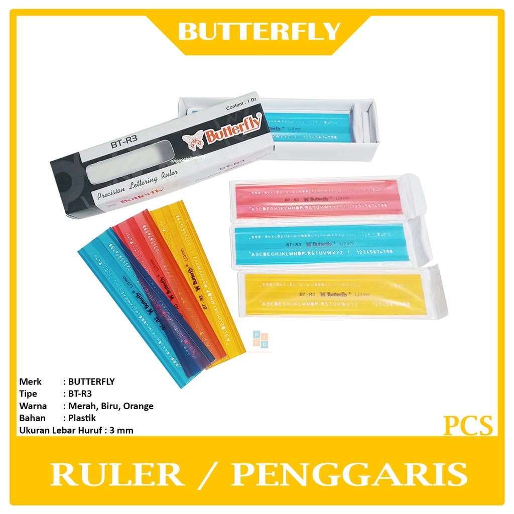 

BUTTERFLY - Penggaris Sablon Mal Huruf 3mm BT-R3 - Pcs
