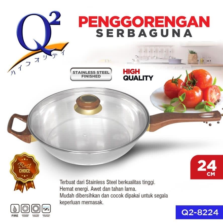 PANCI WAJAN FRYPAN STAINLESS STEEL 24CM ANTI LENGKET TUTUP KACA Q2 8224 / PANCI GORENG SERBAGUNA Q2 