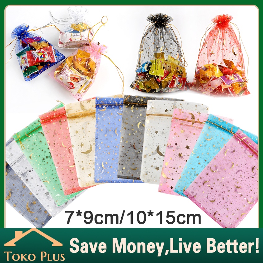 

10Pcs Kantong Serut Organza 7x9 / 10x15 CM Kantong Tile Serut motif Bulan Bintang