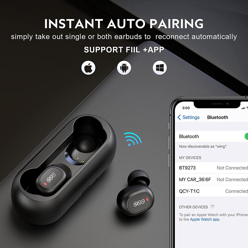 Aksesoris Handphone QCY TWS Bluetooth Earphone with Charging Case - QCY-T1C - Black
