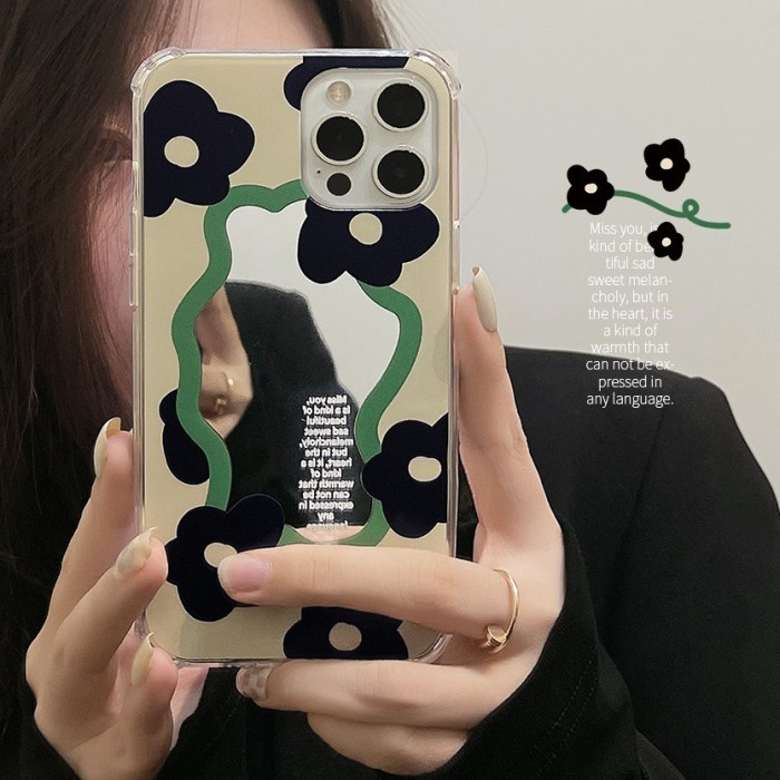 SAMSUNG GALAXY S22, S22 ULTRA - BLACK FLOWER MIRROR SOFT CASE CASING - S22