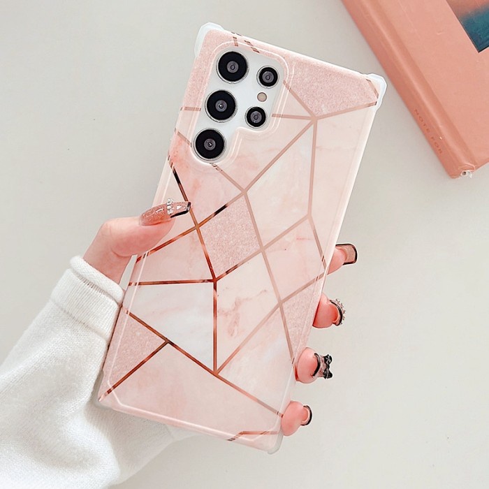 SAMSUNG GALAXY S22 ULTRA - Pink Peach Electroplate Marble Case Casing - S22 ULTRA