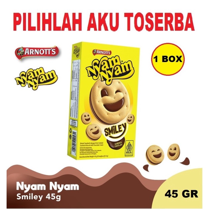 

Arnott's Nyam Nyam SMILEY Biskuit Cream Cokelat 45 gr - (HARGA SATUAN)