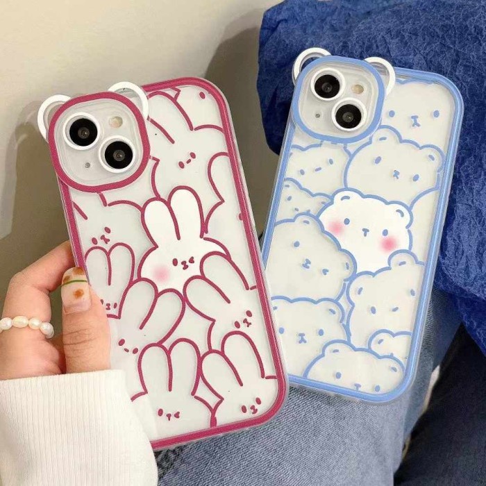 IPHONE 13, 13 PRO, 13 PRO MAX - RABBIT BEAR PINK BLUE CUTE CASE CASING - IP 13. PINK