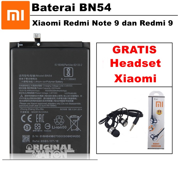 Xiaomi Baterai BN54 Battery Xiaomi Redmi Note 9 | Battery Xiaomi Redmi 9 (5020 mAh) Original GRATIS 