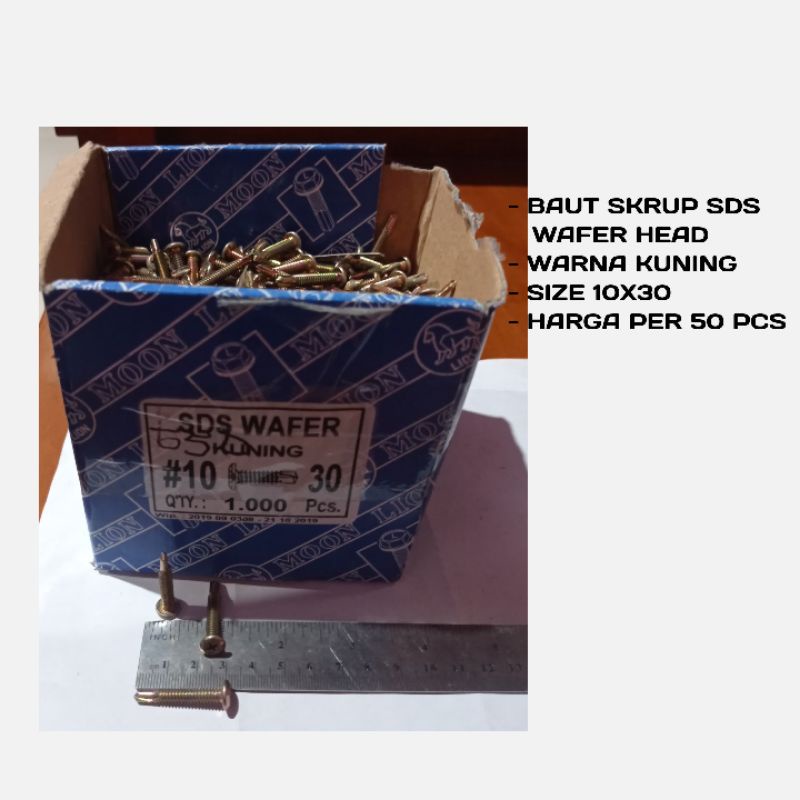 Sekrup ROOFING  Wafer head SDS 10X30 KUNING ISI 50 PCS - BAUT SKRUP SDS 10X30 KUNING