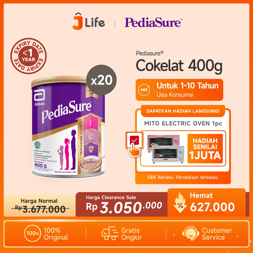 

Jlife - Pediasure Susu Formula Pertumbuhan Anak 400 Gram Rasa Cokelat X 20 Kaleng