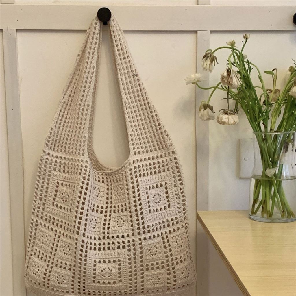 Vintage Knitted Bag Vintage Mesh Hollow Simple Knitted Bag Women's Shoulder Bag Woolen Handbag
