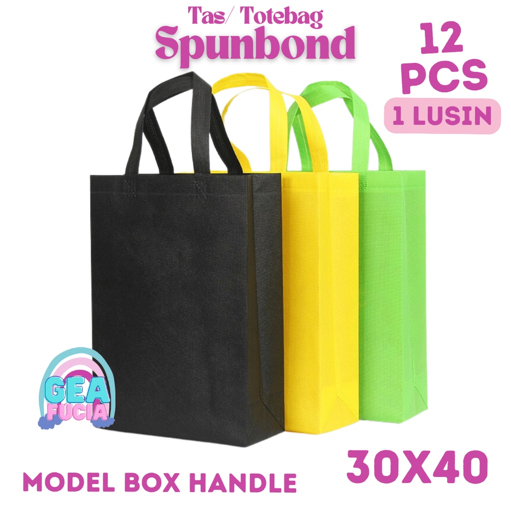 

1 Lusin Isi 12pcs Goodie Bag 30 x 40 Box, Tas Belanja, Tas Spunbond Tas Handle Bahan Kain Satuan Polos Model Box Handle 30 x 40 Grosir Murah