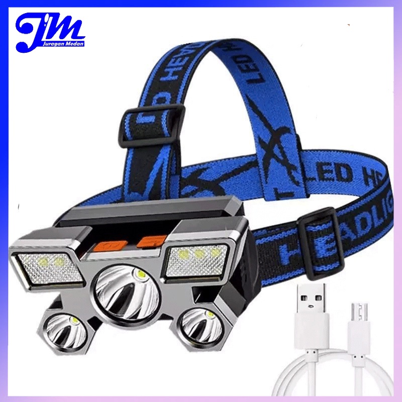 Senter Kepala Super Terang Headlamp Camping Berburu 5 Led High Power Recharger