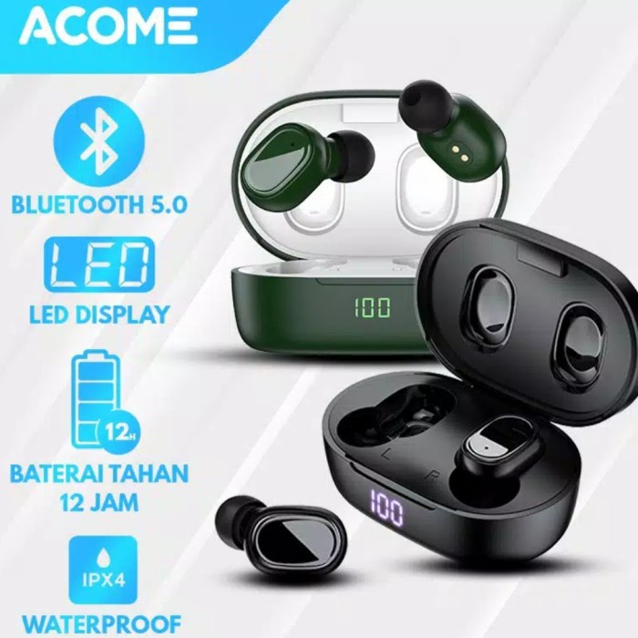 Acome Airdots T1 Headset Earphone Bluetooth 5.0 TWS LED - Hitam