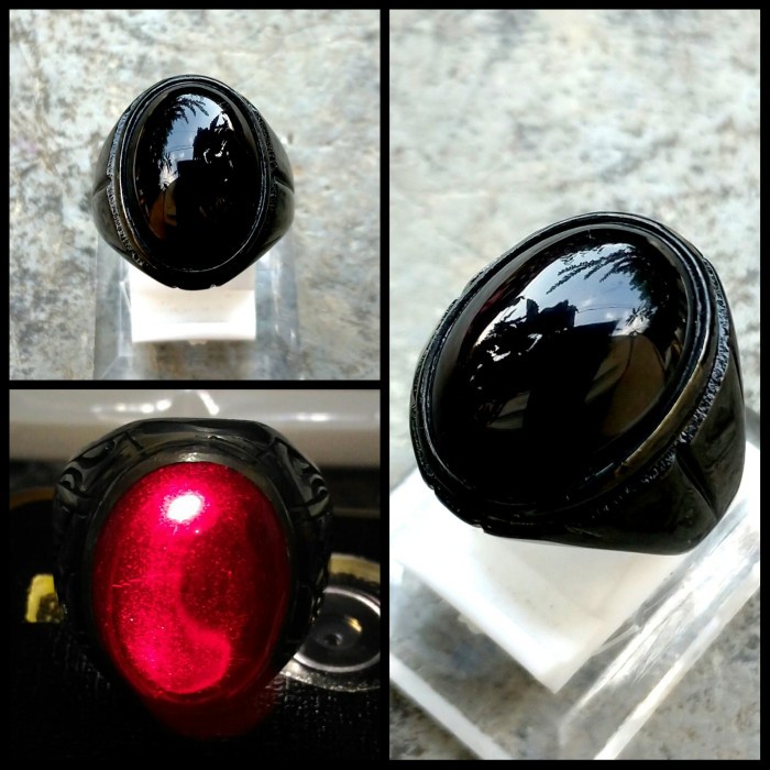 Cincin Hitam Batu Kecubung Api Hitam Pekat Tembus Merah Crystal KODE136