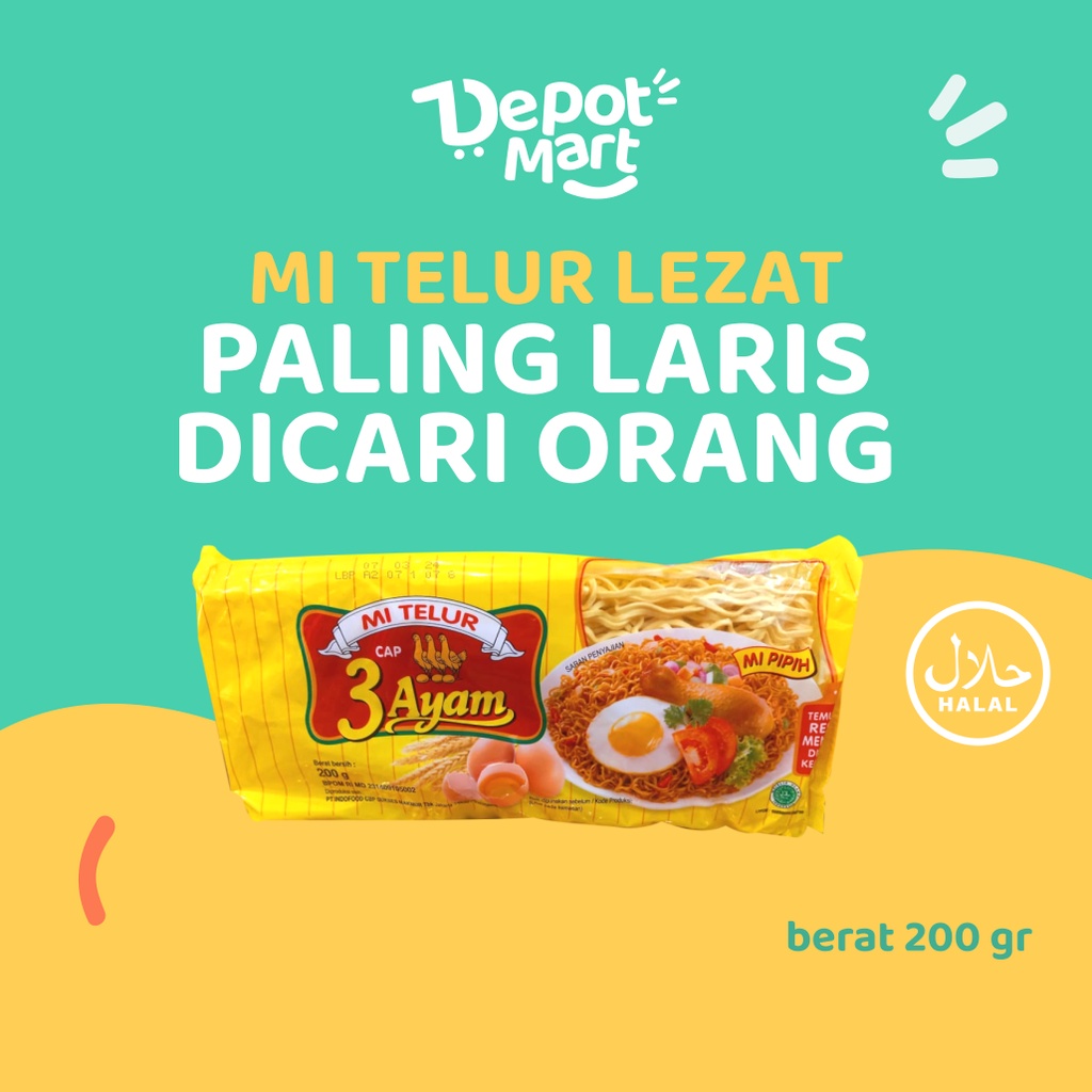 

2 Pcs Mi Telur cap 3 Ayam 200GR bungkus Kuning