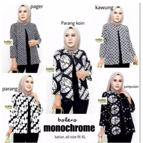 NARITA Bolero Monochrome Cardigan Cantik Monokrom Outer Batik Hitam Putih Seragam Kantor Kerja Katun
