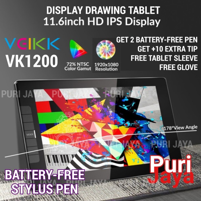 VEIKK VK1200 Drawing Display Graphic Monitor Passive Pen Tablet Gambar